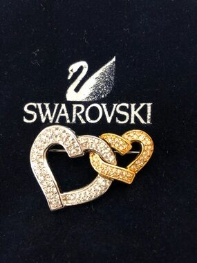 Swarovski Two-Tone Crystal Interlocking Heart Brooch - Silver & Gold